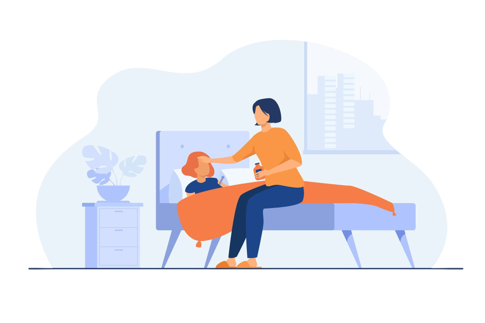 mom-taking-care-about-sick-child-girl-getting-cold-suffering-from-flu-lying-bed-with-sore-throat-fever-vector-illustration-childcare-motherhood-epidemic-concept